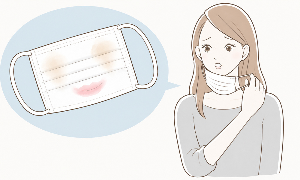 白い不織布マスクを着用し、悩んでいる女性の様子