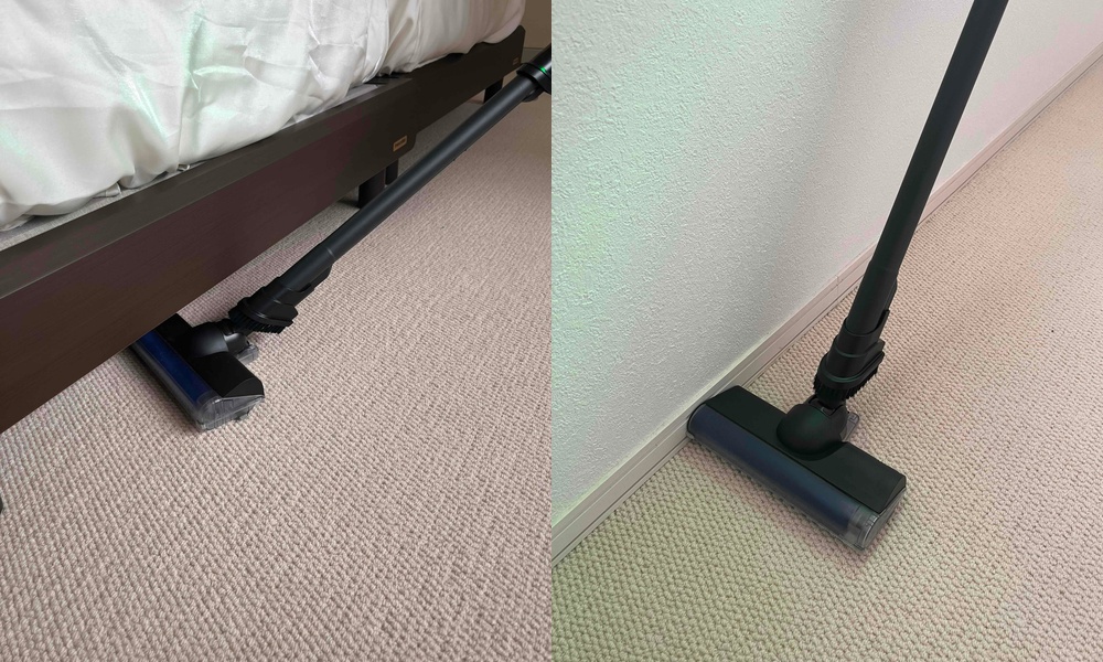 低いテーブル下を掃除するスティック掃除機