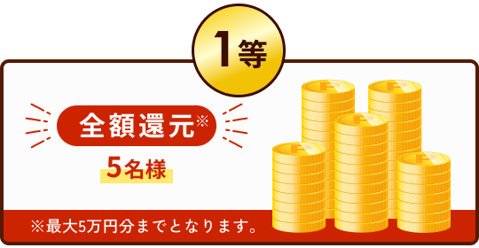 1等 全額還元※ 5名様 ※最大5万円分までとなります。