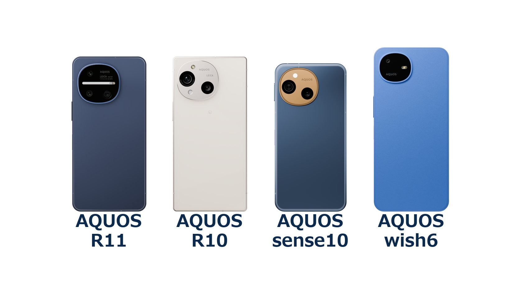 AQUOS R11、R10、sense10、wish6の公式背面画像。RAMとROMの容量は本文の表に掲載